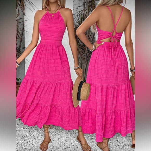Hot Pink Halter Maxi Dress - Picture 1 of 16